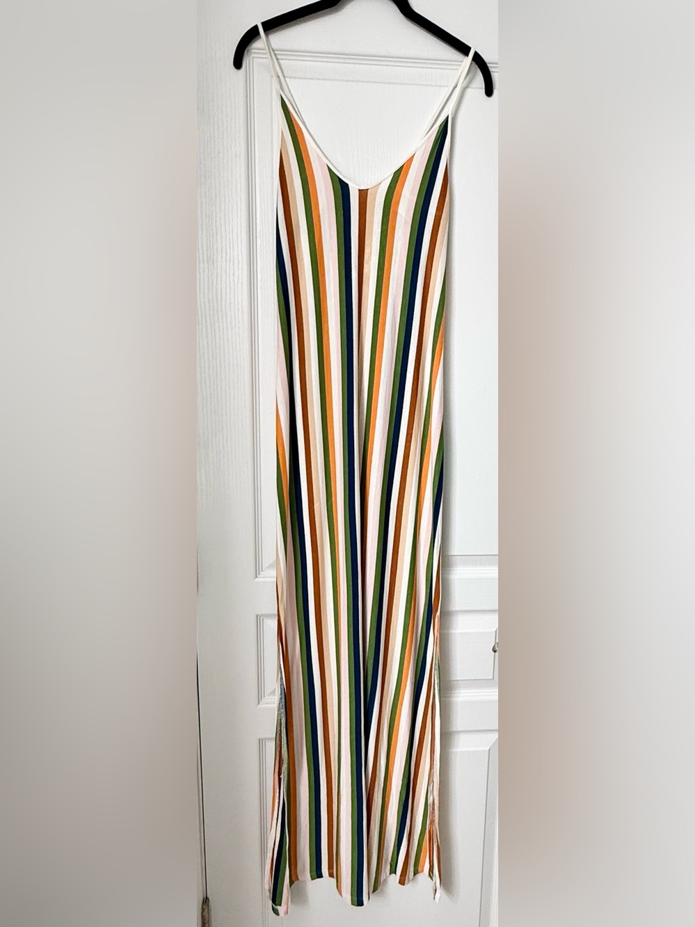 Vestique Striped V-Neck Maxi Dress in White, Green, Navy & Orange